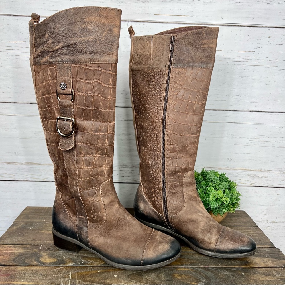 NURTURE Archer Dark Woodberry Leather Croc Distressed Tall Boot Women’s Size 8M